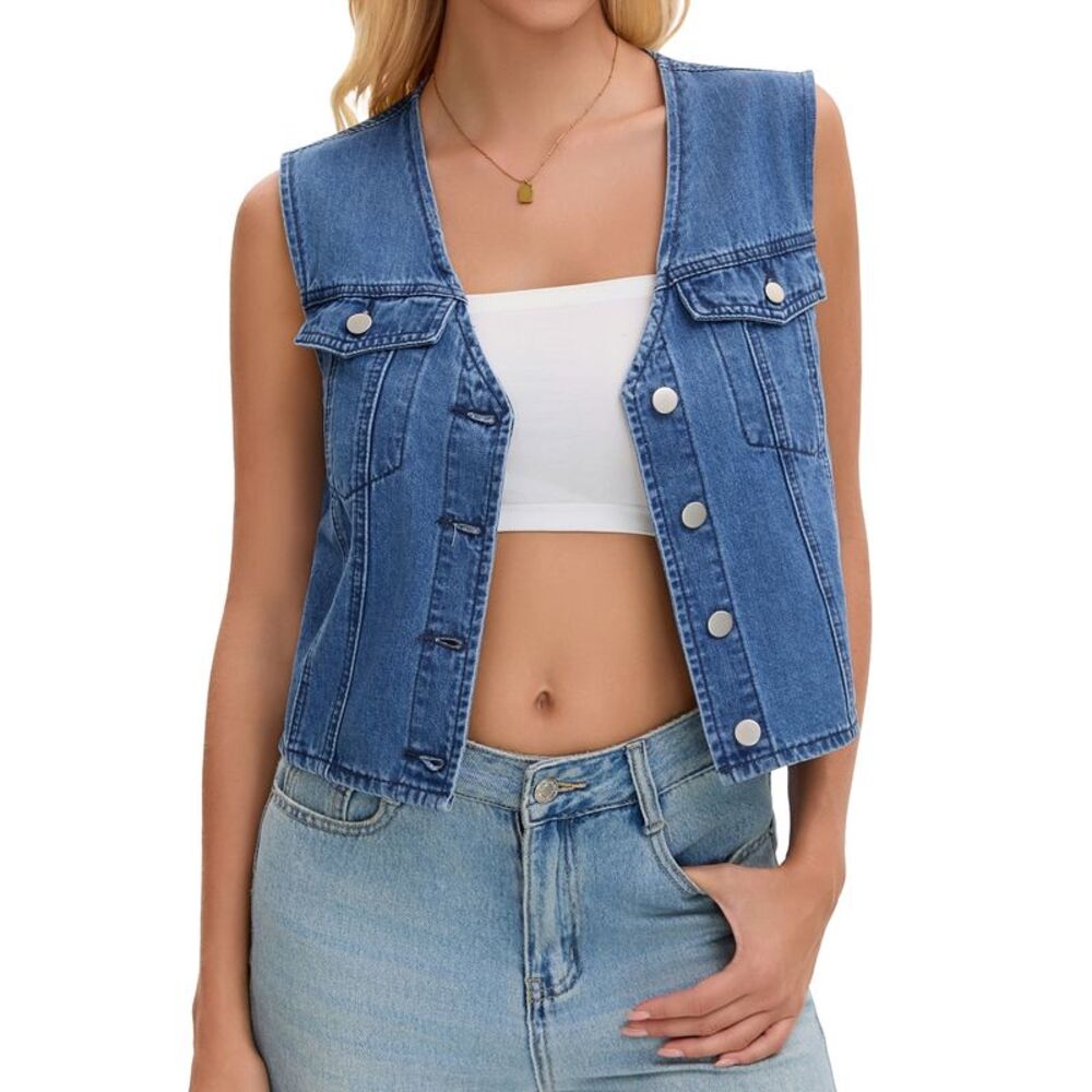 Womens Jean Vest Top V Neck Western Sleeveless Cropped Denim Vests Blue